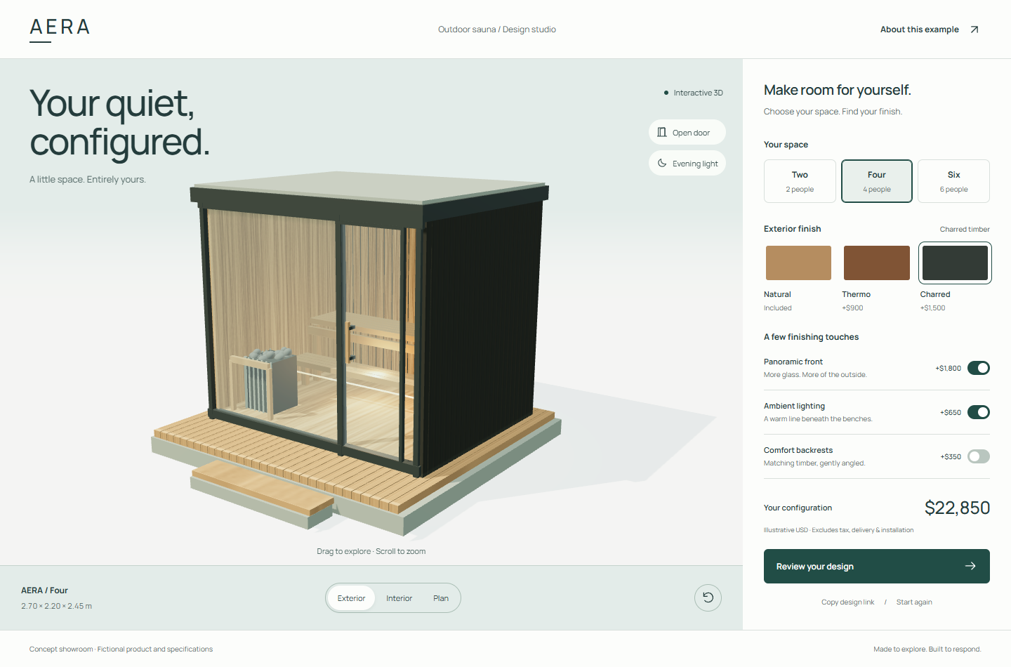 AERA charcoal sauna with a glass front, wood interior and an interactive configuration panel