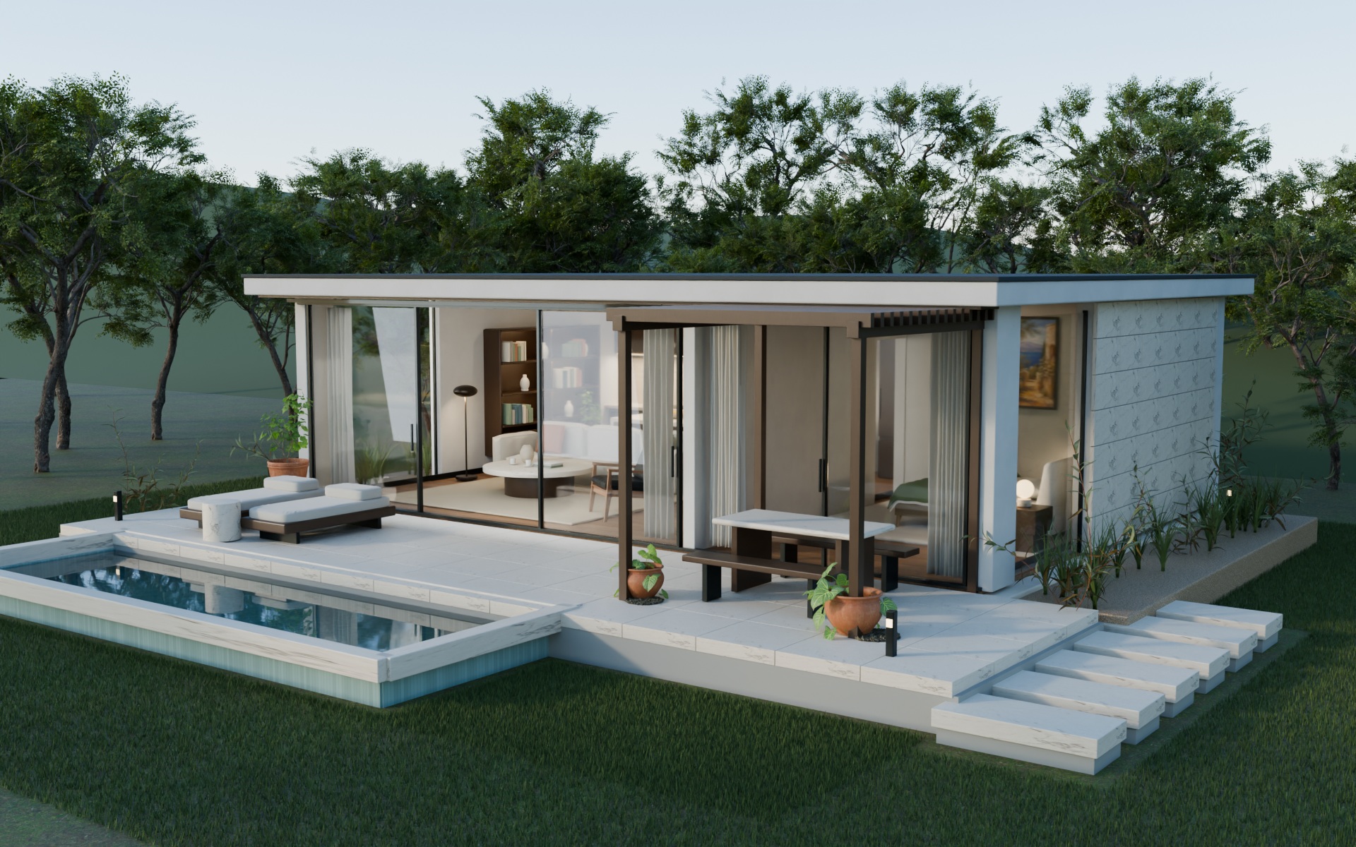 Rendered courtyard house, pool and landscaped terrace. Select Explore the 3D house to load the interactive scene.
