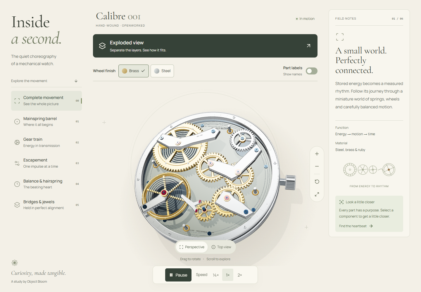 Calibre 001 interactive watch with brass and steel gears, an exploded-view button and component controls